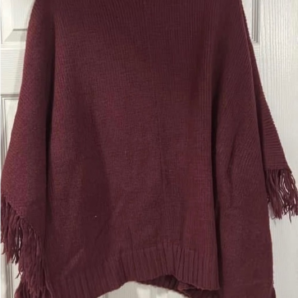Red Knitted Poncho with Fringe Detail